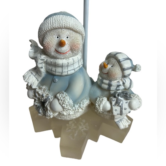Snowmen Tea Light Votive Lamp Glass Snowflake Shade Blue White Christmas Vtg - Picture 2 of 8